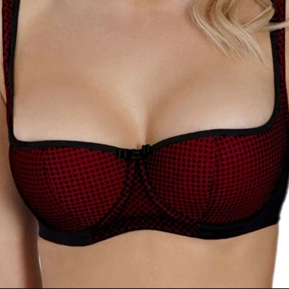 Rosme Womens Balconette Lace Padded Strap Bra size 40DD/E Black/Red